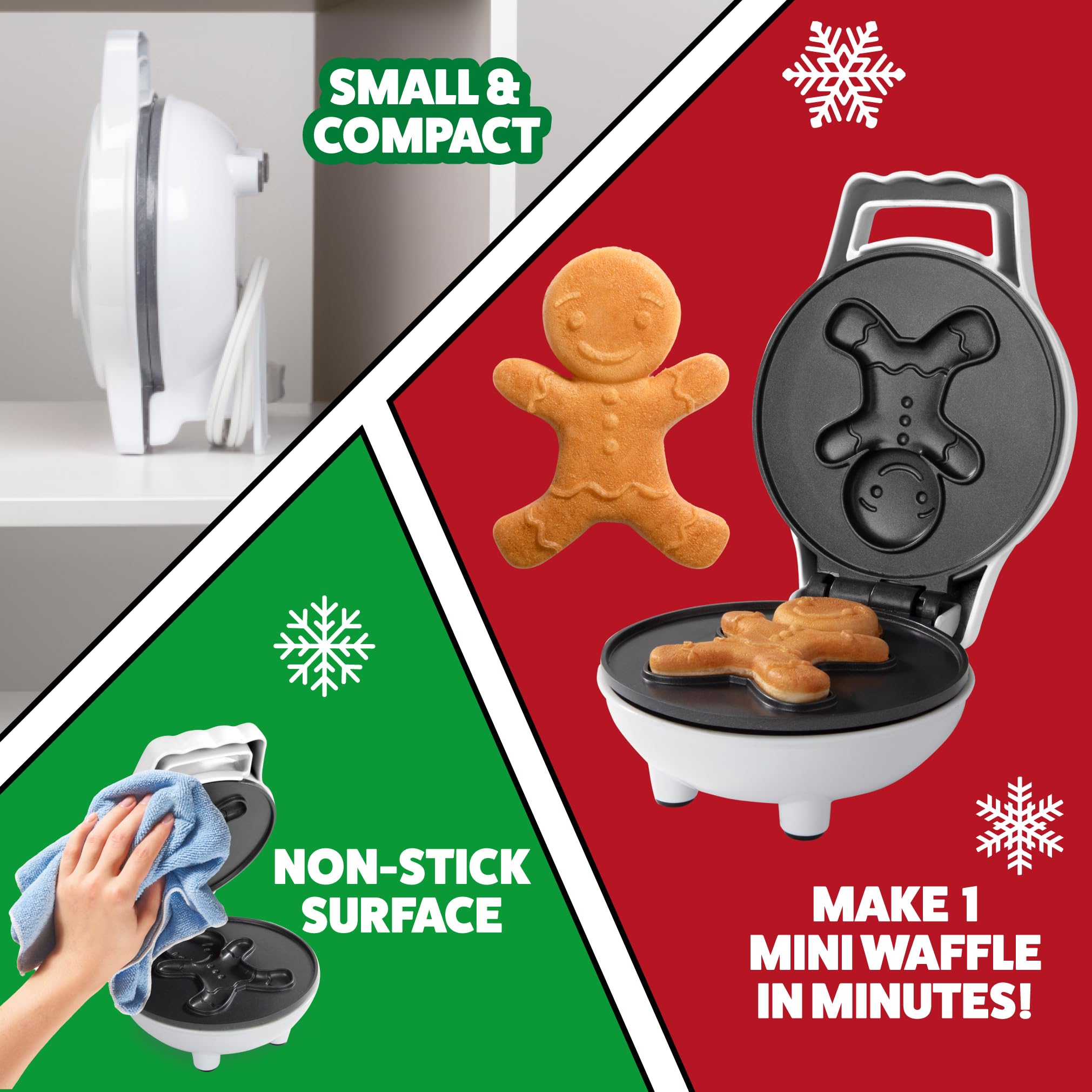 Waffle Wow gingerbread-man mini waffle maker pouring batter for shaping.