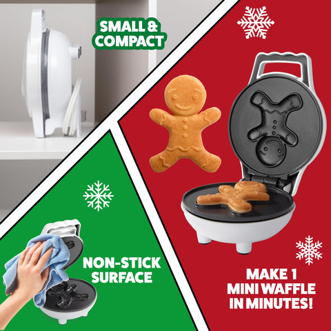 Waffle Wow gingerbread-man mini waffle maker pouring batter for shaping.