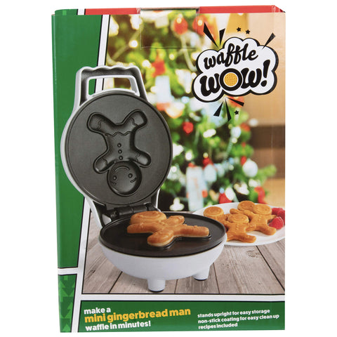 Gift-ready Waffle Wow gingerbread-man mini waffle maker in holiday packaging.