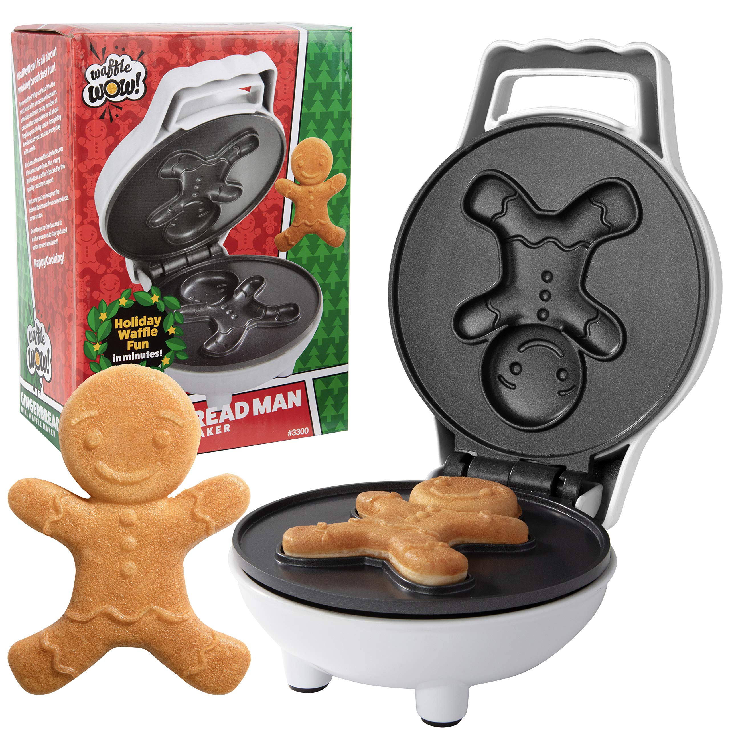 Waffle Wow gingerbread-man mini waffle maker on counter for quick festive breakfasts.