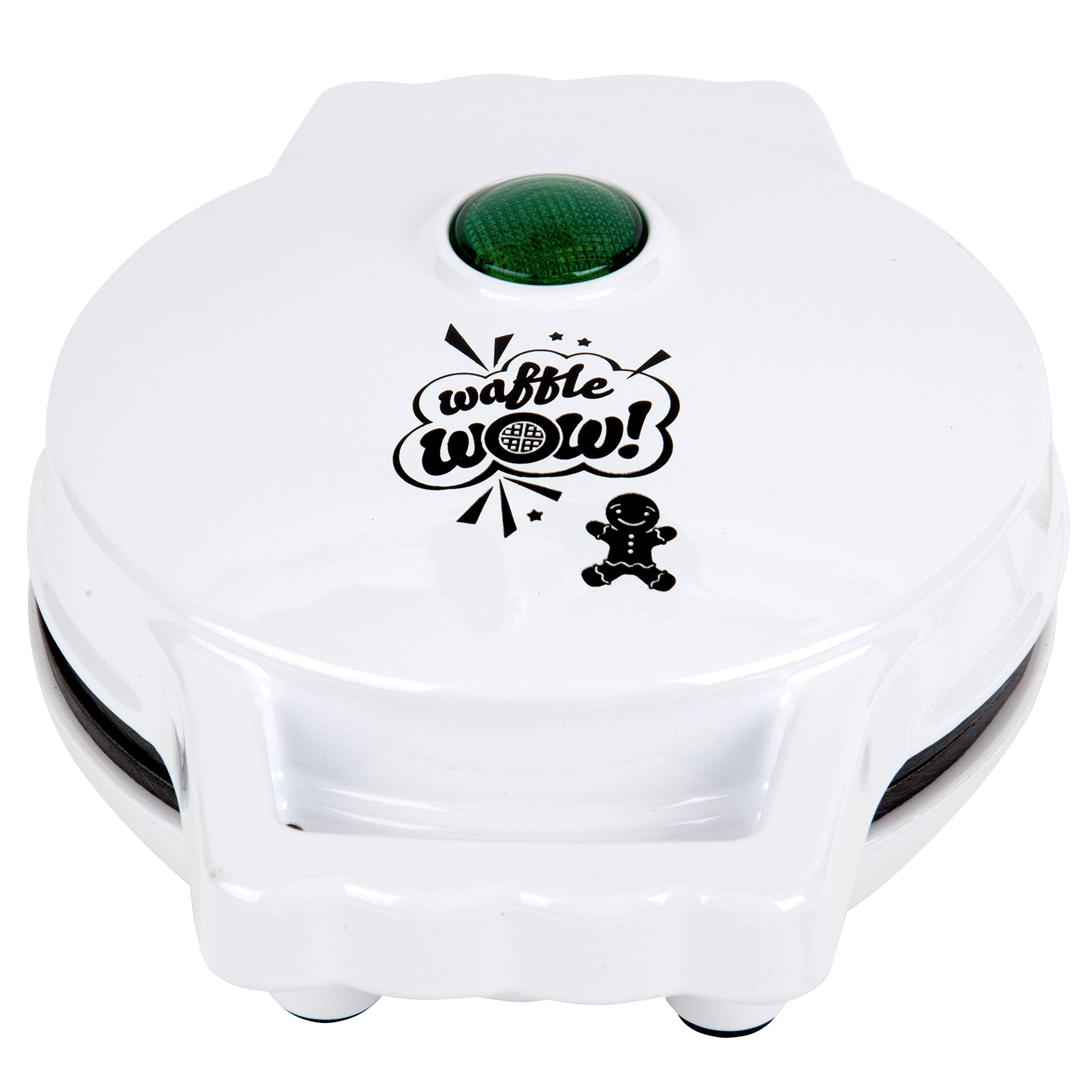 Waffle Wow gingerbread-man mini waffle maker unboxed with recipe guide.