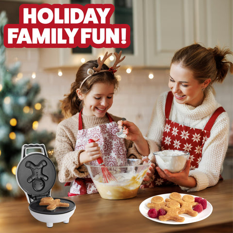 Waffle Wow gingerbread-man mini waffle waffles forming into character shapes.