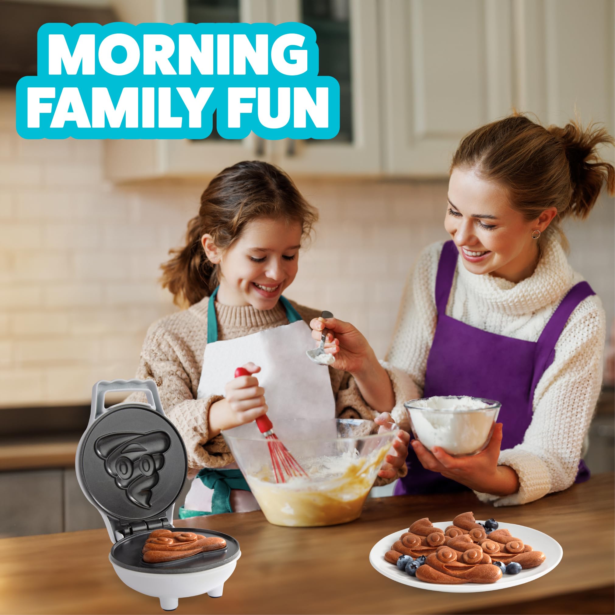 Waffle Wow poop emoji unit stores upright for compact kitchen organization.