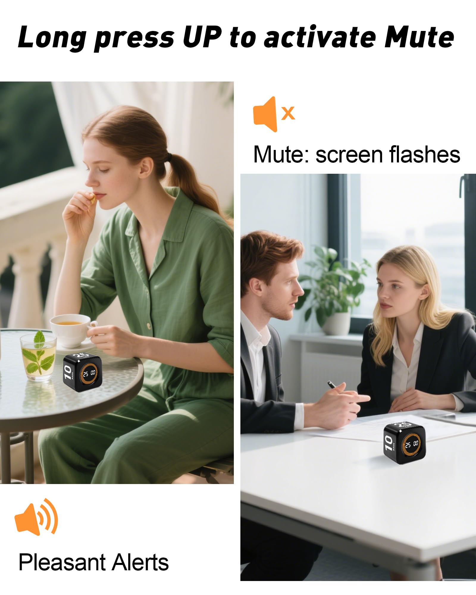 WAFHX Pomodoro Timer Cube mute option keeps environments quiet.
