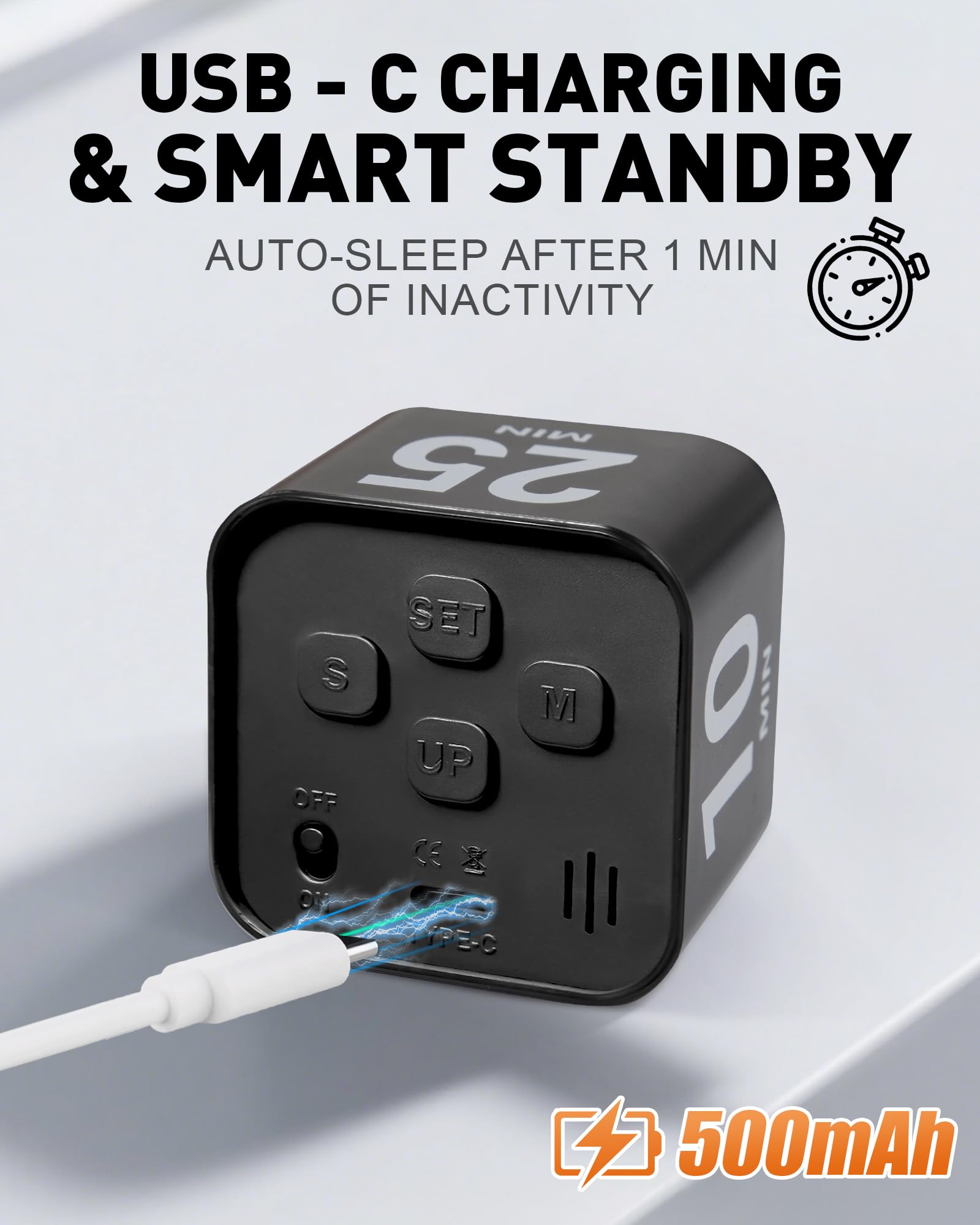 WAFHX Pomodoro Timer Cube charges via USB-C for a tidy desk.