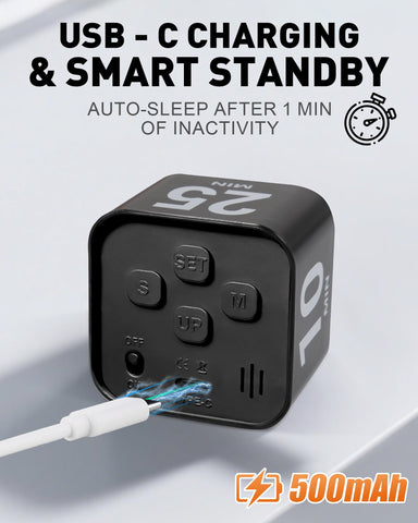 WAFHX Pomodoro Timer Cube charges via USB-C for a tidy desk.