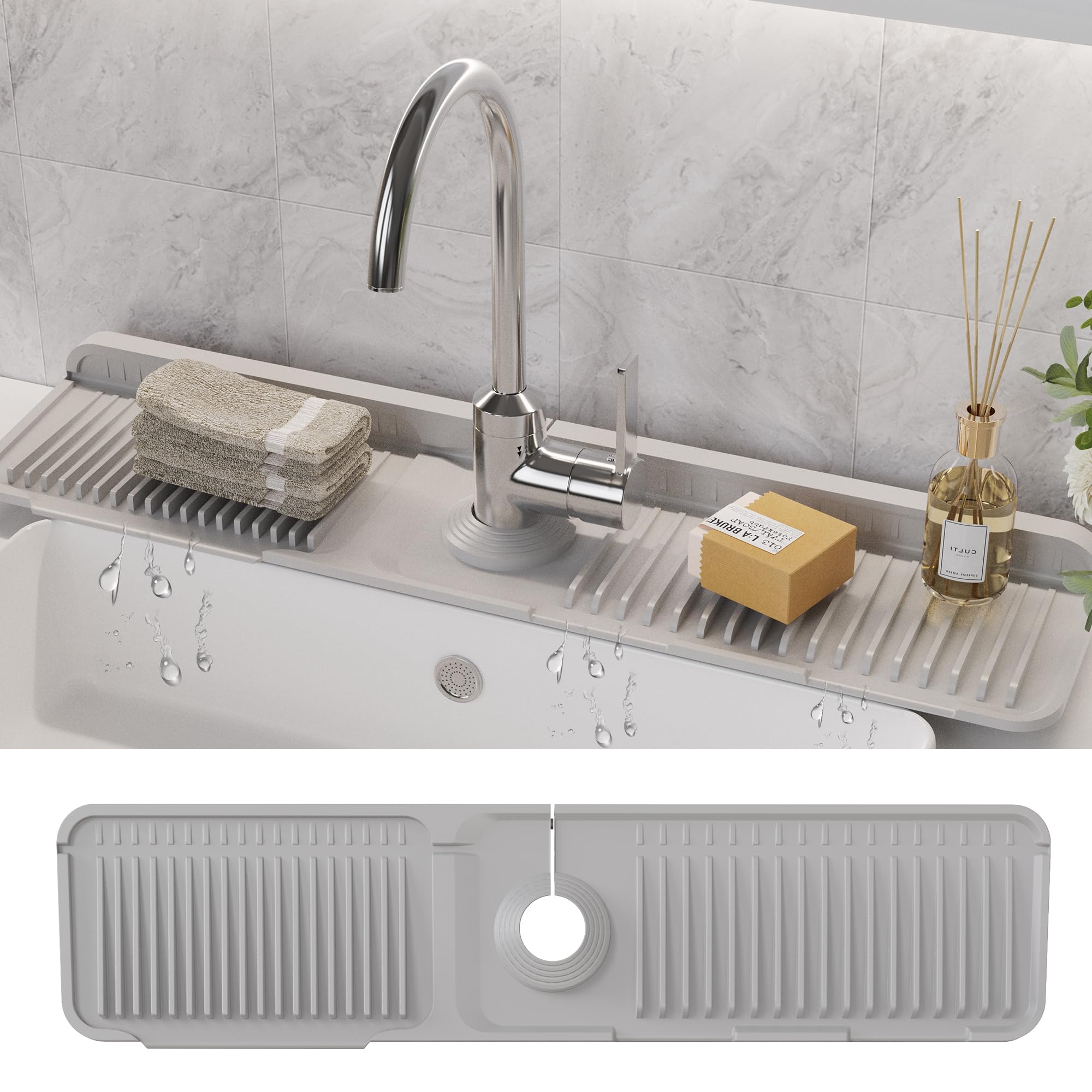 WAFT YEARN faucet mat front view protects splash zones and keeps counters dry.