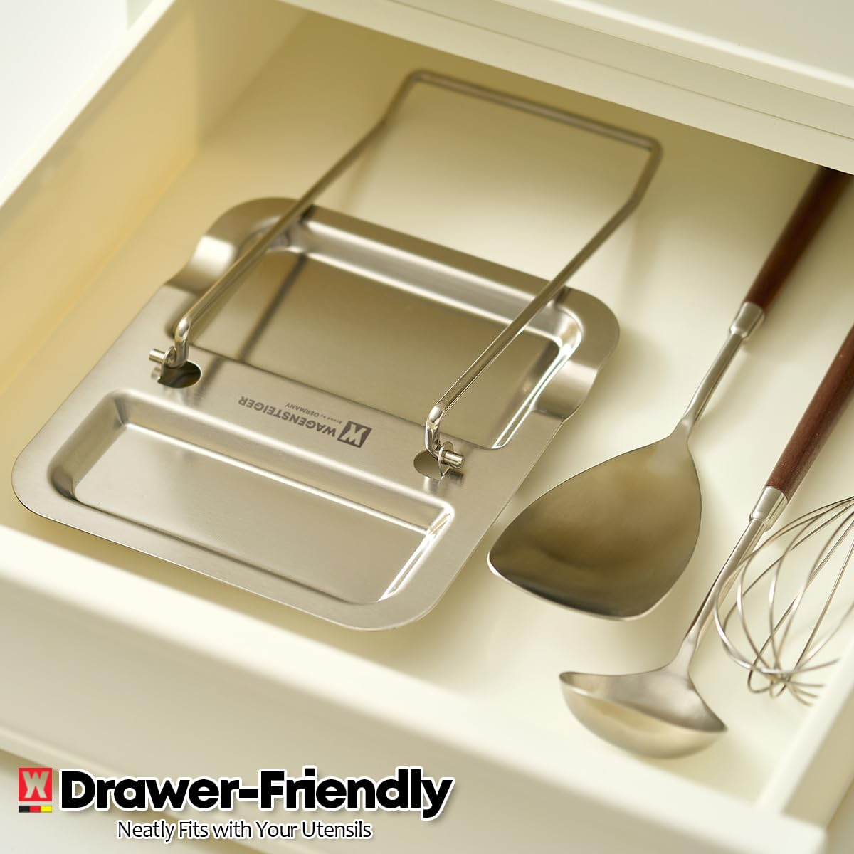 Wagensteiger dishcloth rack stand stores towels near the sink for quick drying.