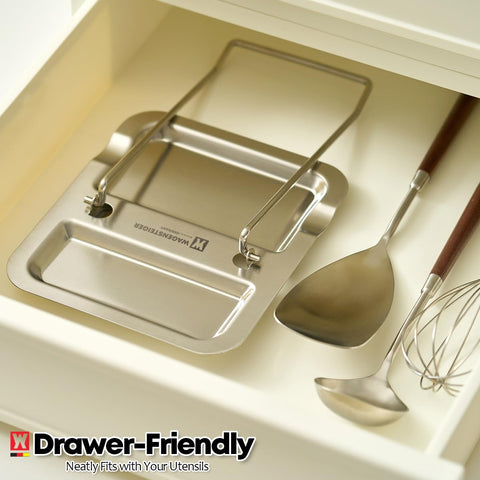 Wagensteiger dishcloth rack stand stores towels near the sink for quick drying.