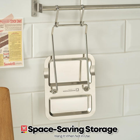 Wagensteiger pan lid storage stacks lids for easy retrieval during cooking.