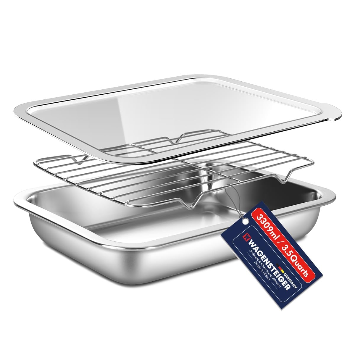 WAGENSTEIGER stainless steel prep container with rack and lid for marinating and draining.