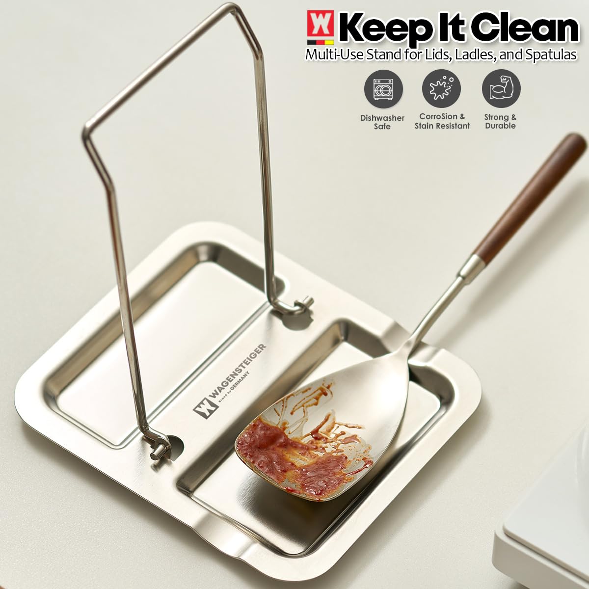 Wagensteiger stainless steel kitchen stand complements modern decor while organizing tools.