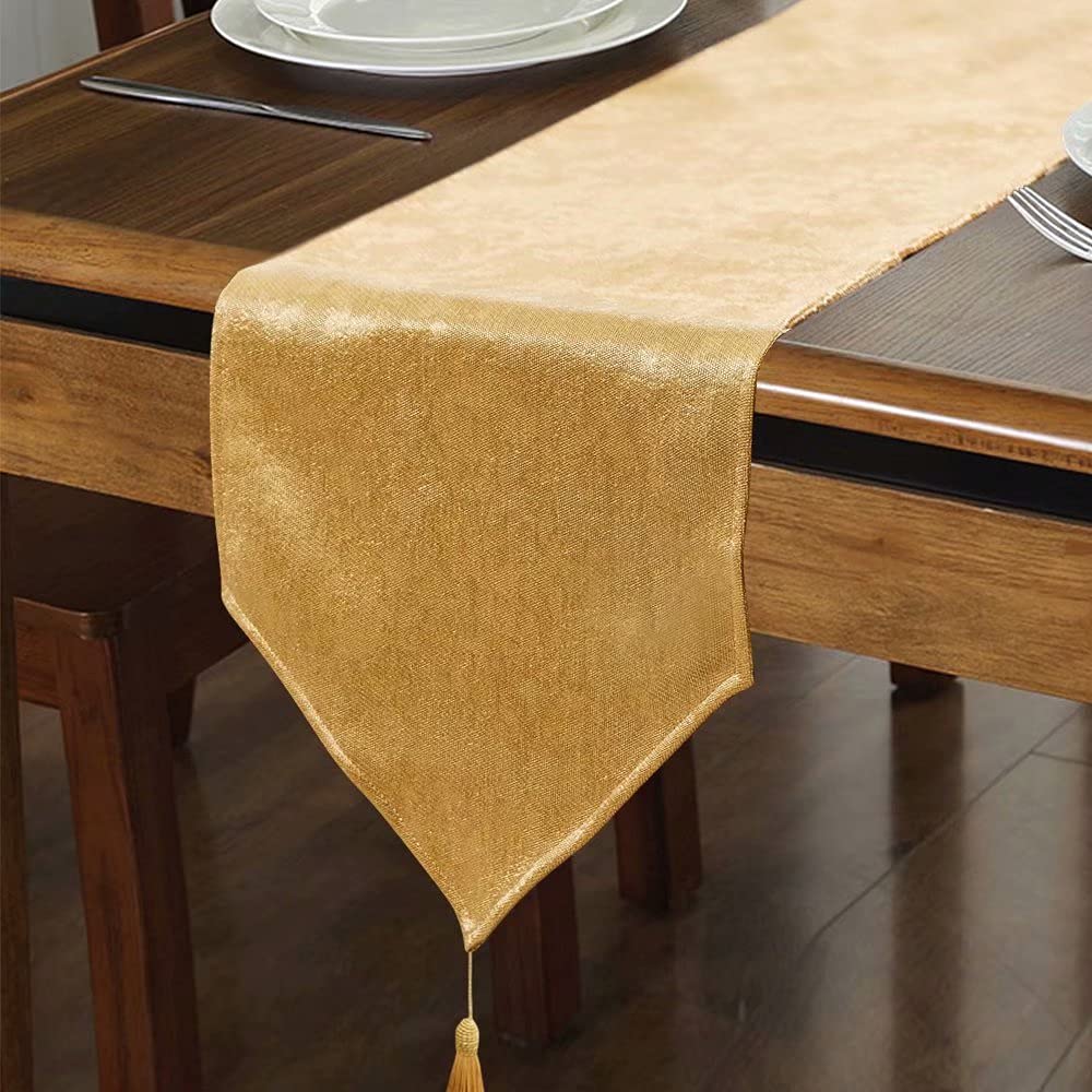 WAITER TREE faux linen runner close-up showing shimmering gold shine for festive tables.