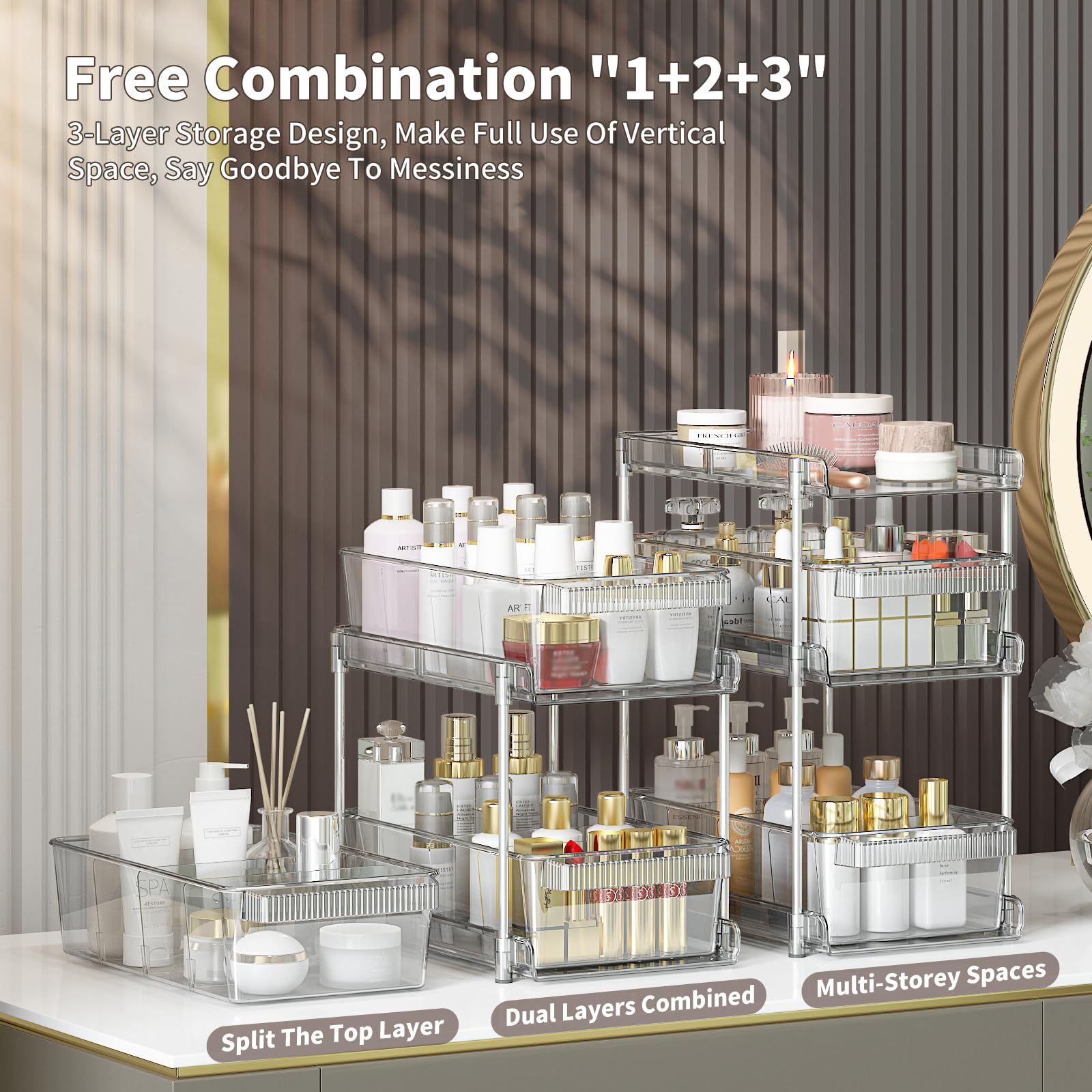 WAKISA clear bathroom organizer 3-tier pullout drawer for quick access