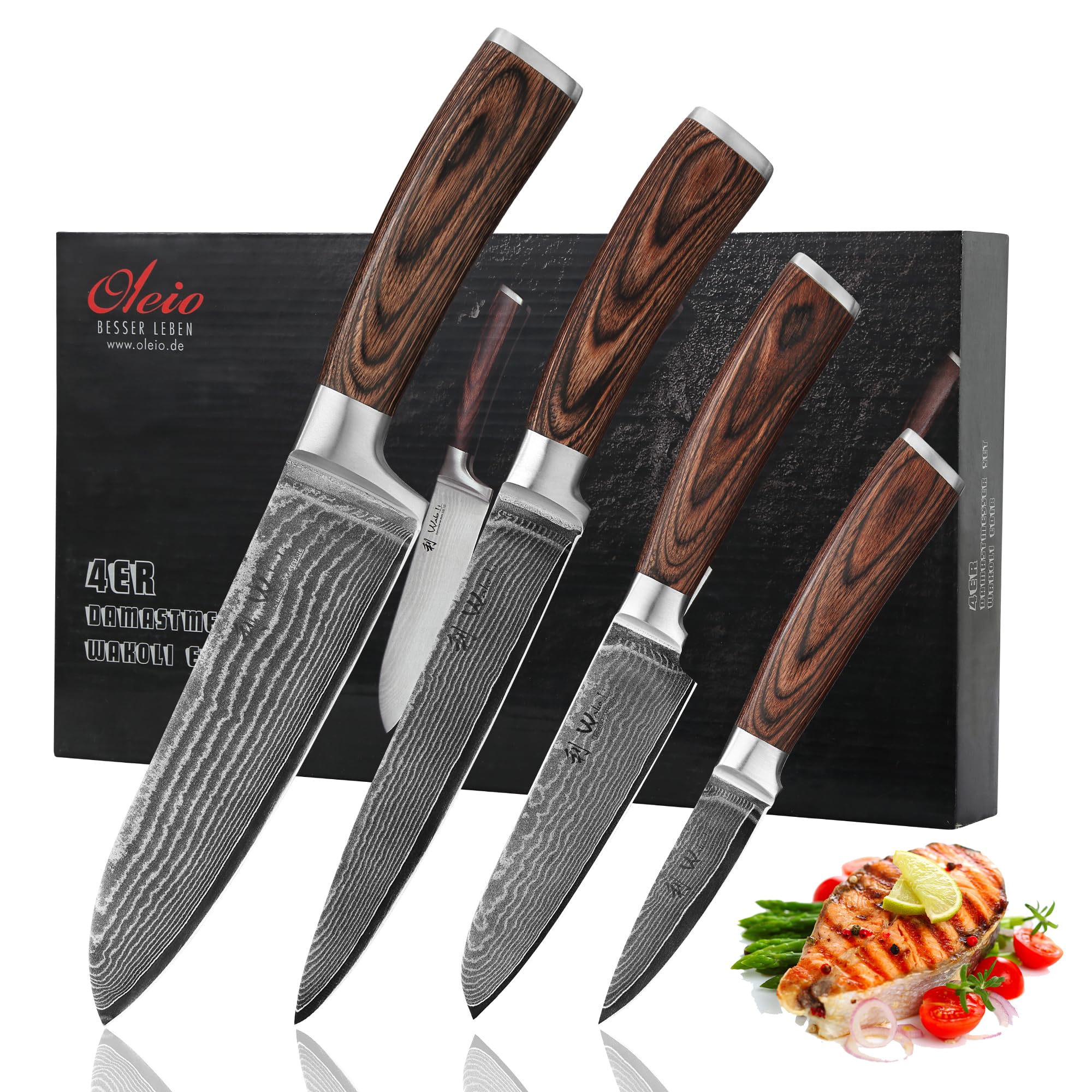 Wakoli EDIB 4-Piece Damascus knife blades shine with VG10 core for precise cuts.
