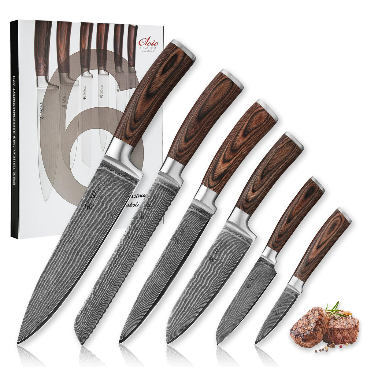 Wakoli EDIB Damascus knife set in a gift box, premium packaging and craftsmanship