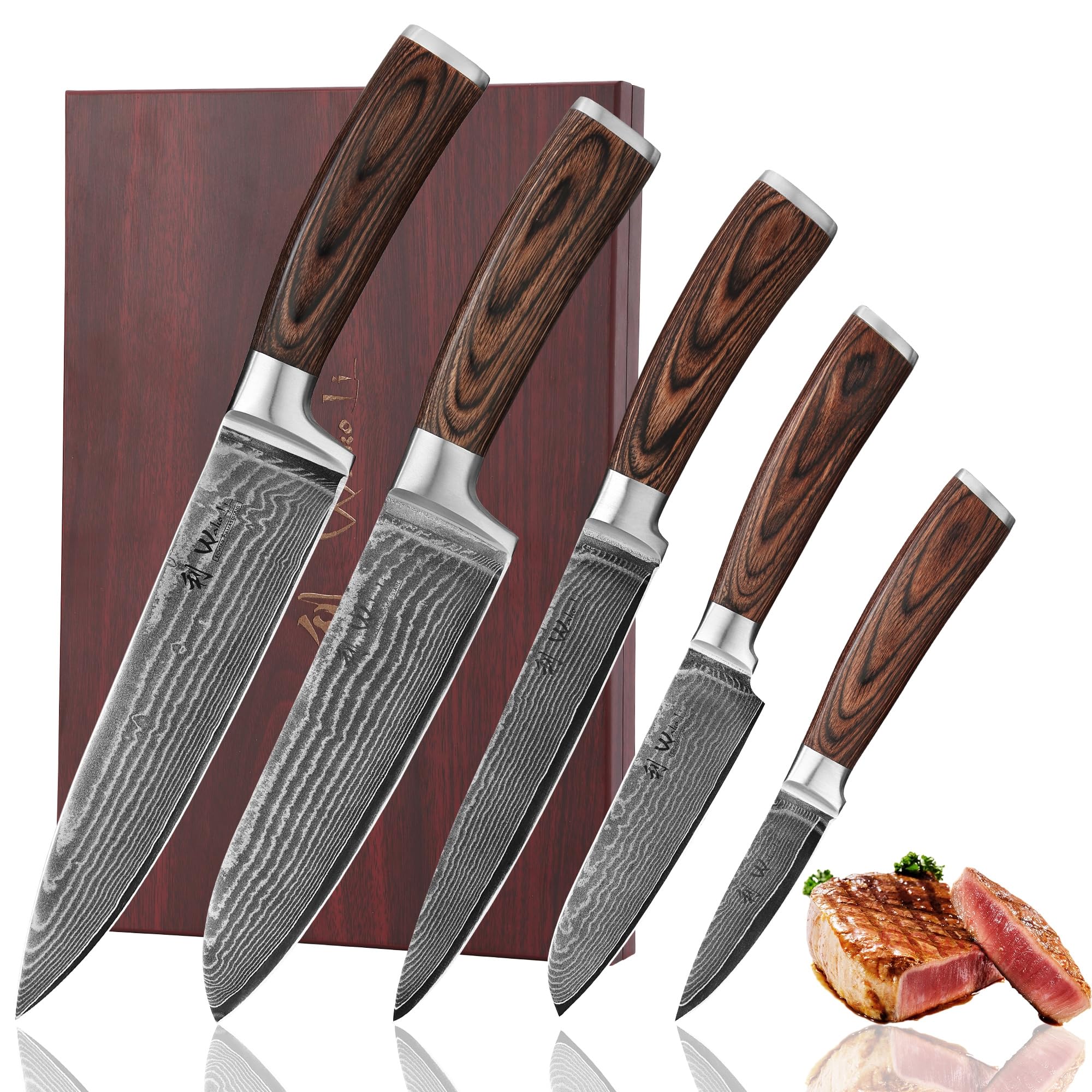 Wakoli EDIB Damascus knife set in wooden gift box for premium kitchen presentation