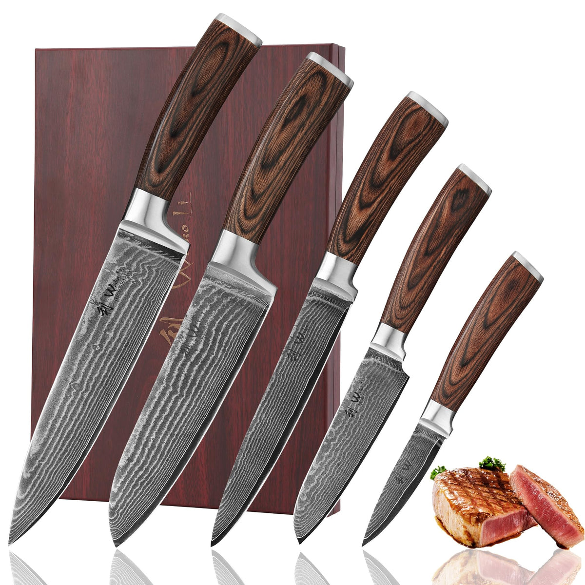 Wakoli EDIB Damascus knife set in wooden gift box for premium kitchen presentation