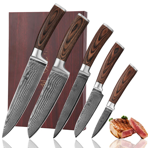 Wakoli EDIB Damascus knife set in wooden gift box for premium kitchen presentation