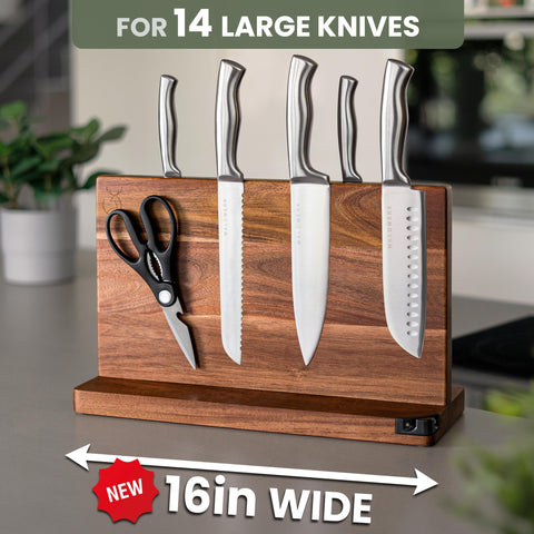 WALDWERK acacia wood knife block side view shows natural grain and durable storage.