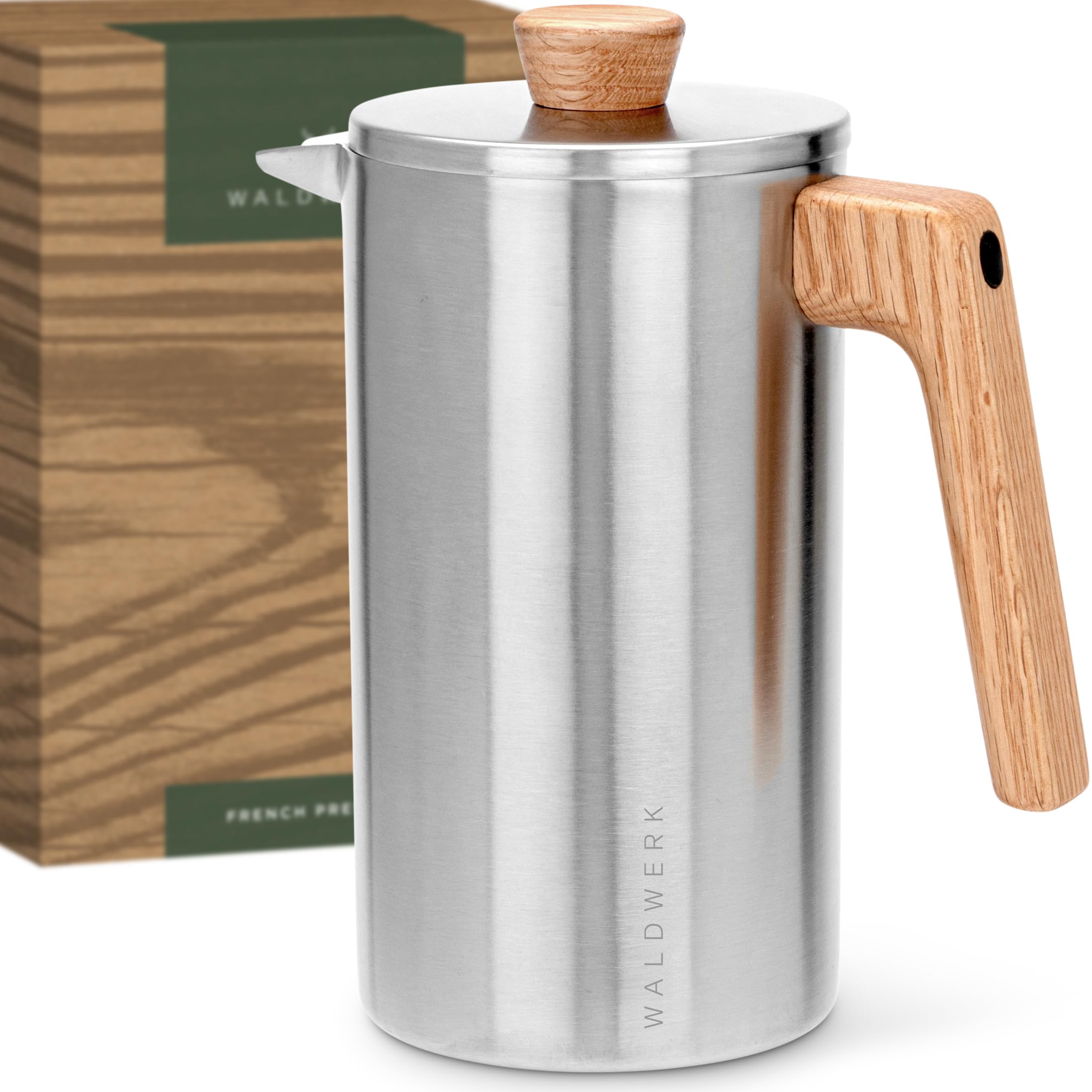 Waldwerk French Press insulated body highlights long heat retention for slow mornings.