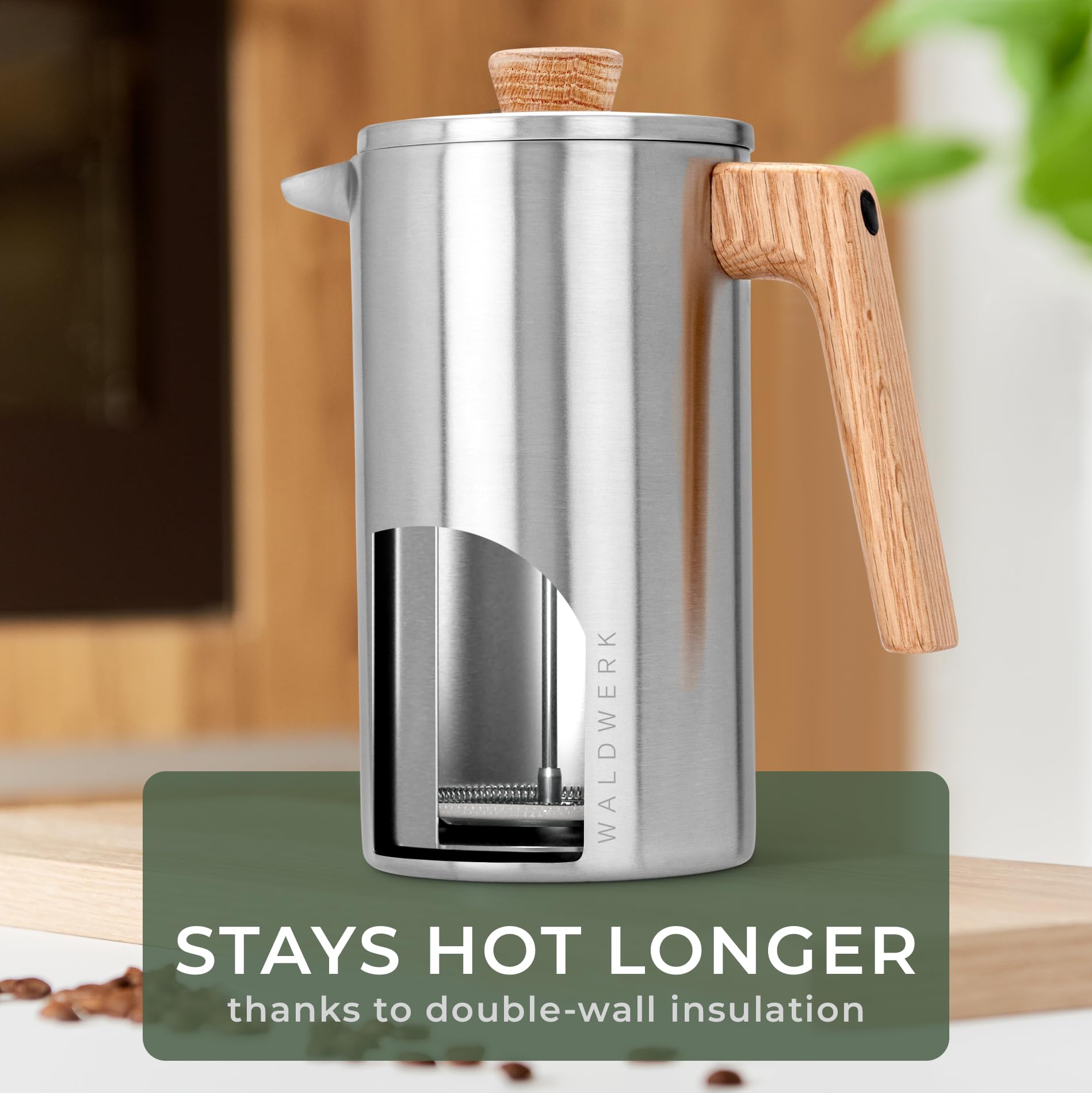 Waldwerk French Press brews 1–6 cups with bottom-press filtration for smooth pours.