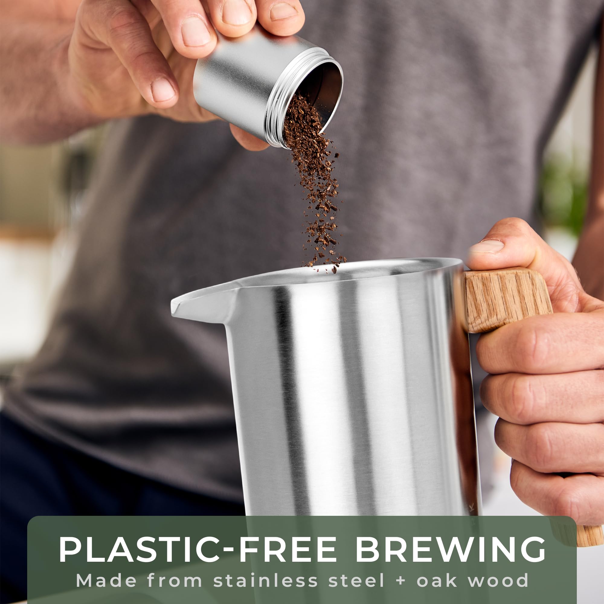 Waldwerk French Press with oak handle offers comfortable grip and durable design.
