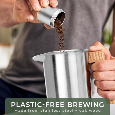 Waldwerk French Press with oak handle offers comfortable grip and durable design.