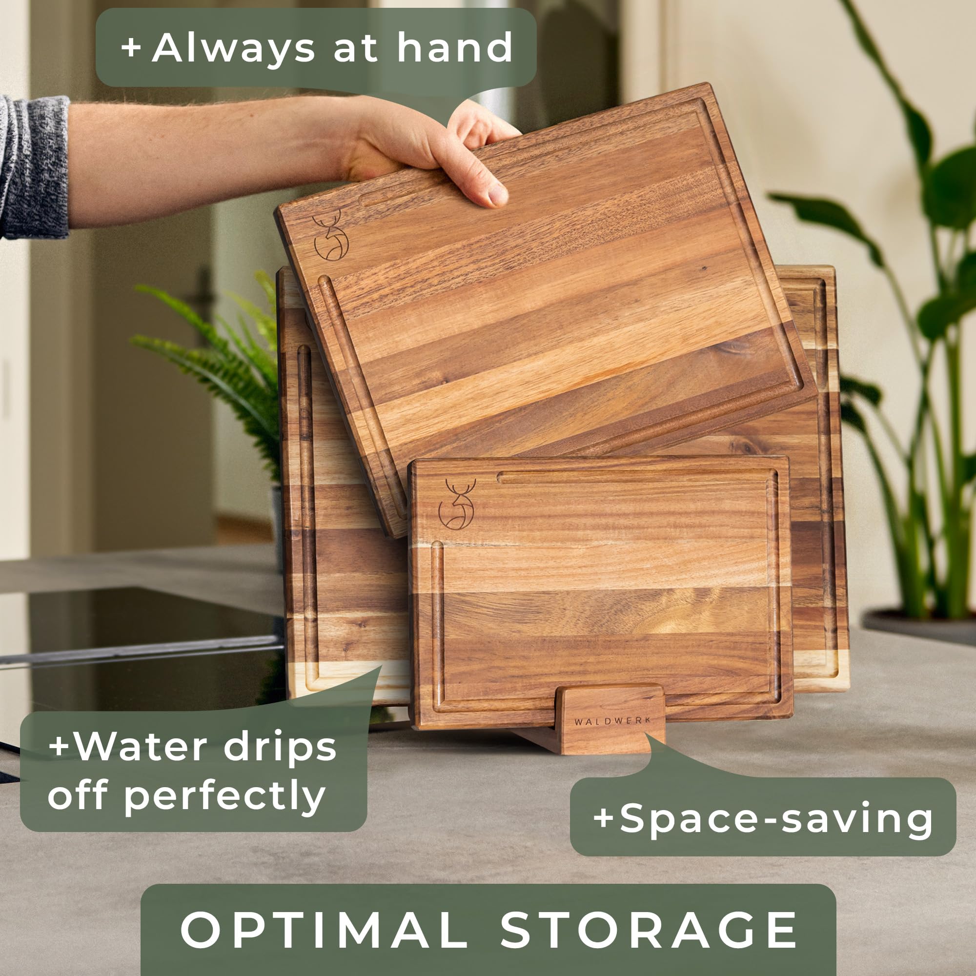 WALDWERK cutting board features milled juice groove to catch liquids.