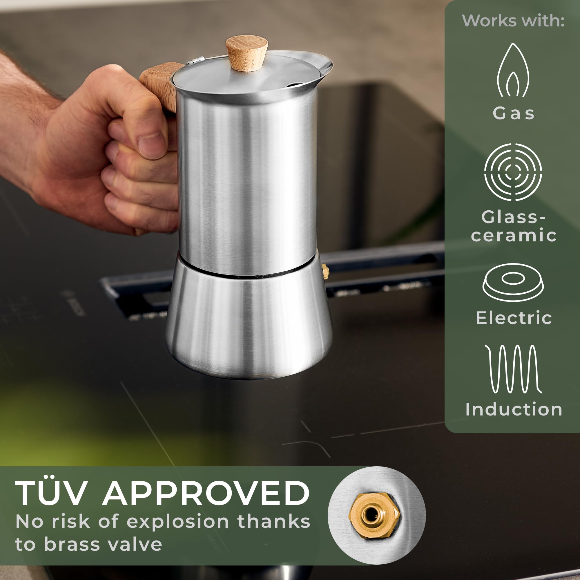 WALDWERK Moka Pot with oak wood handle showcases premium grip during brewing.