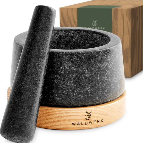 WALDWERK mortar and pestle set on anti-scratch oak base for refined kitchen prep