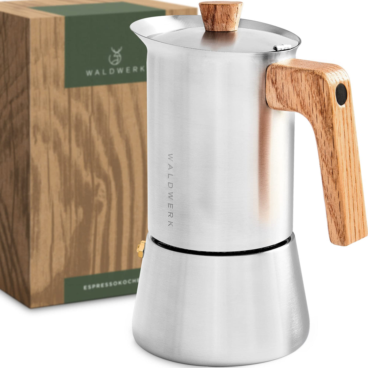 WALDWERK stainless steel Moka Pot 10oz on a stove for rich espresso aroma.