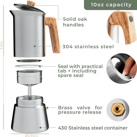WALDWERK stainless steel Moka Pot display ready to serve espresso moments.