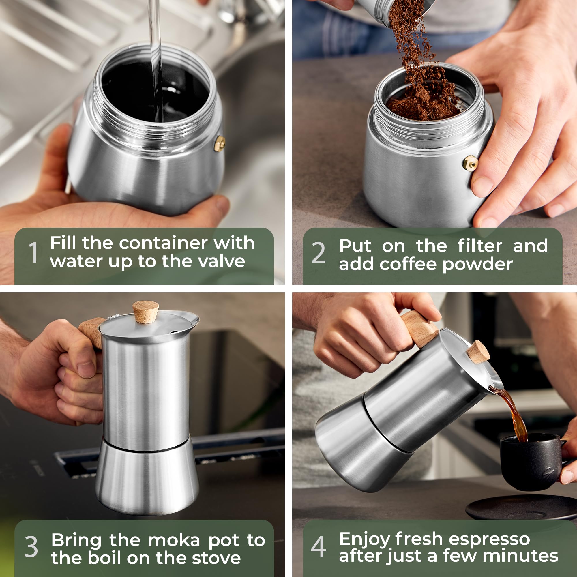 WALDWERK stovetop espresso brewing session in a cozy kitchen.