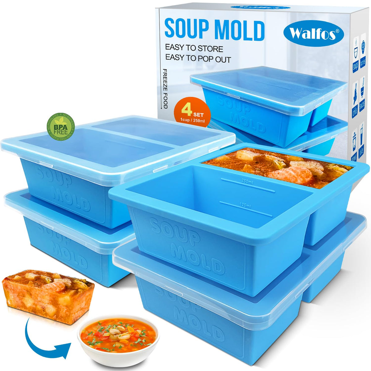 Walfos 1-Cup silicone freezer mold with lid showing portion lines and clear lid for stacking.