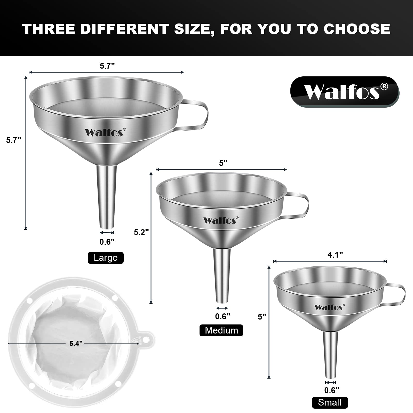 Walfos 200-mesh filter screen, catches fine particles during transfer.