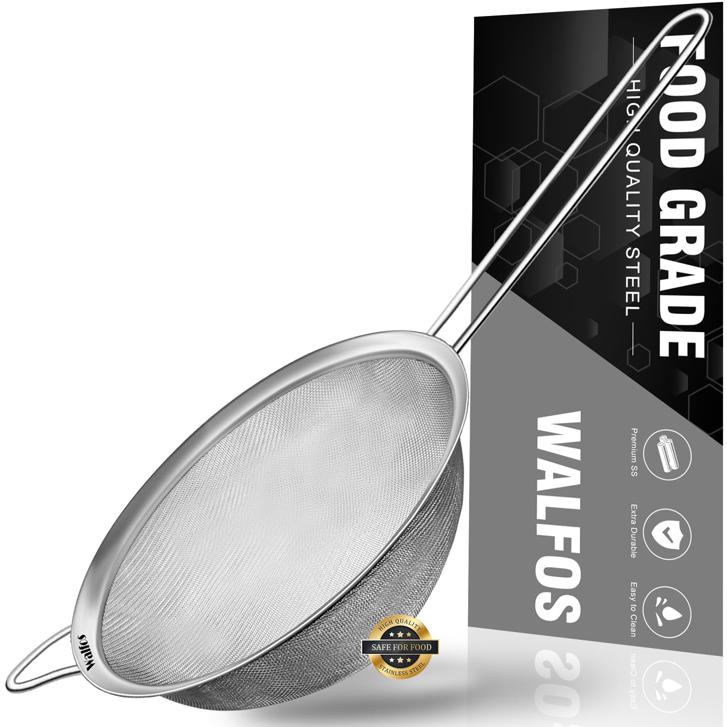 Walfos 6.95-inch fine mesh strainer with reinforced frame for precise filtering