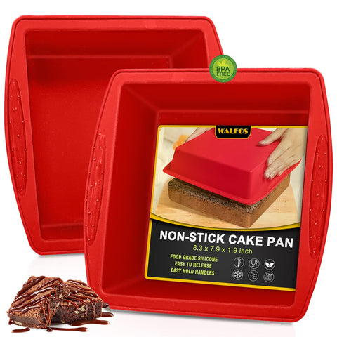 Walfos 8-inch silicone square cake pan in red, top view shows even heat.