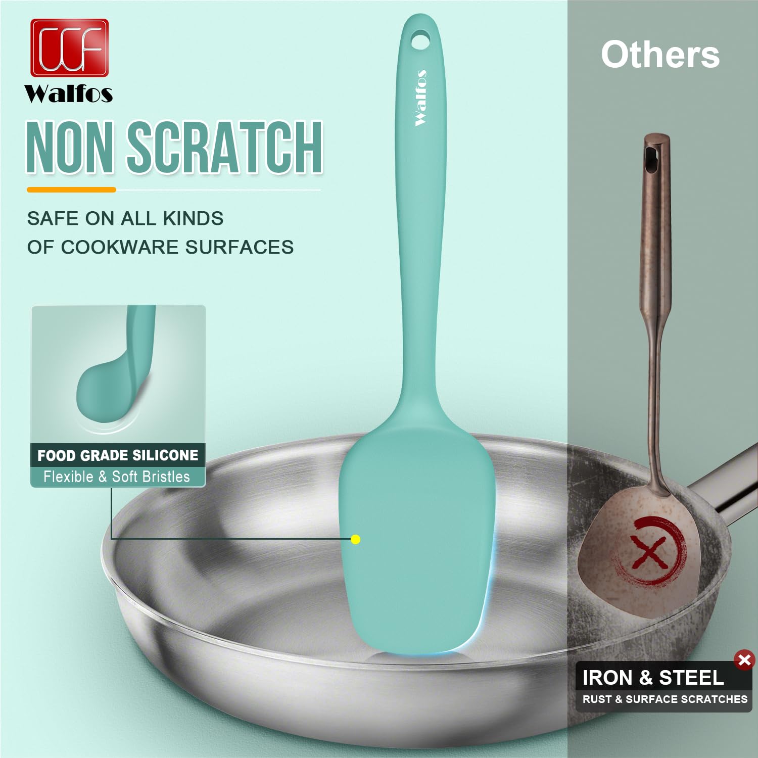 Walfos BPA-free silicone spatula protects non-stick cookware and safe use.
