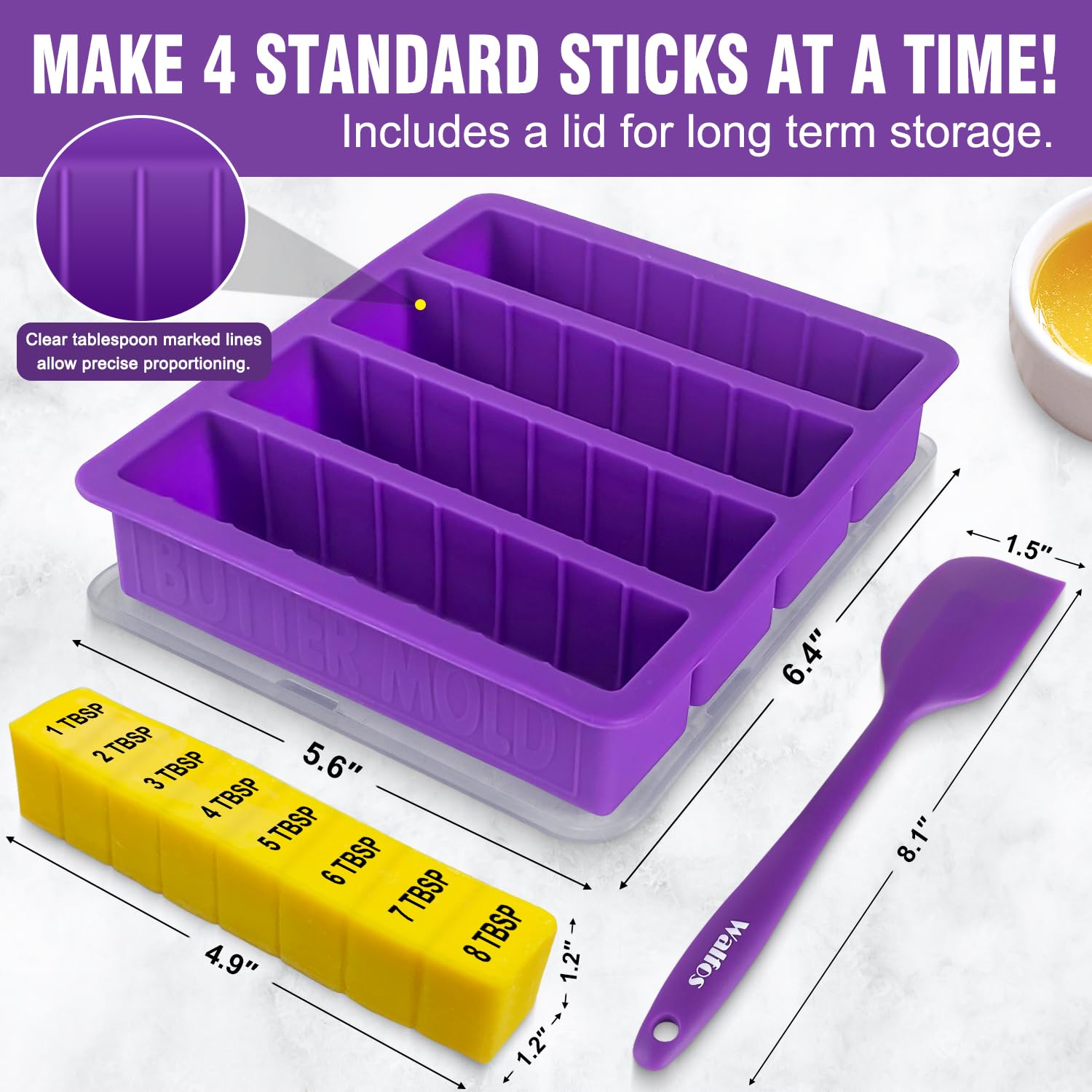 Walfos butter mold cavities holding 8 tablespoons each for standard sticks.