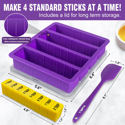 Walfos butter mold cavities holding 8 tablespoons each for standard sticks.