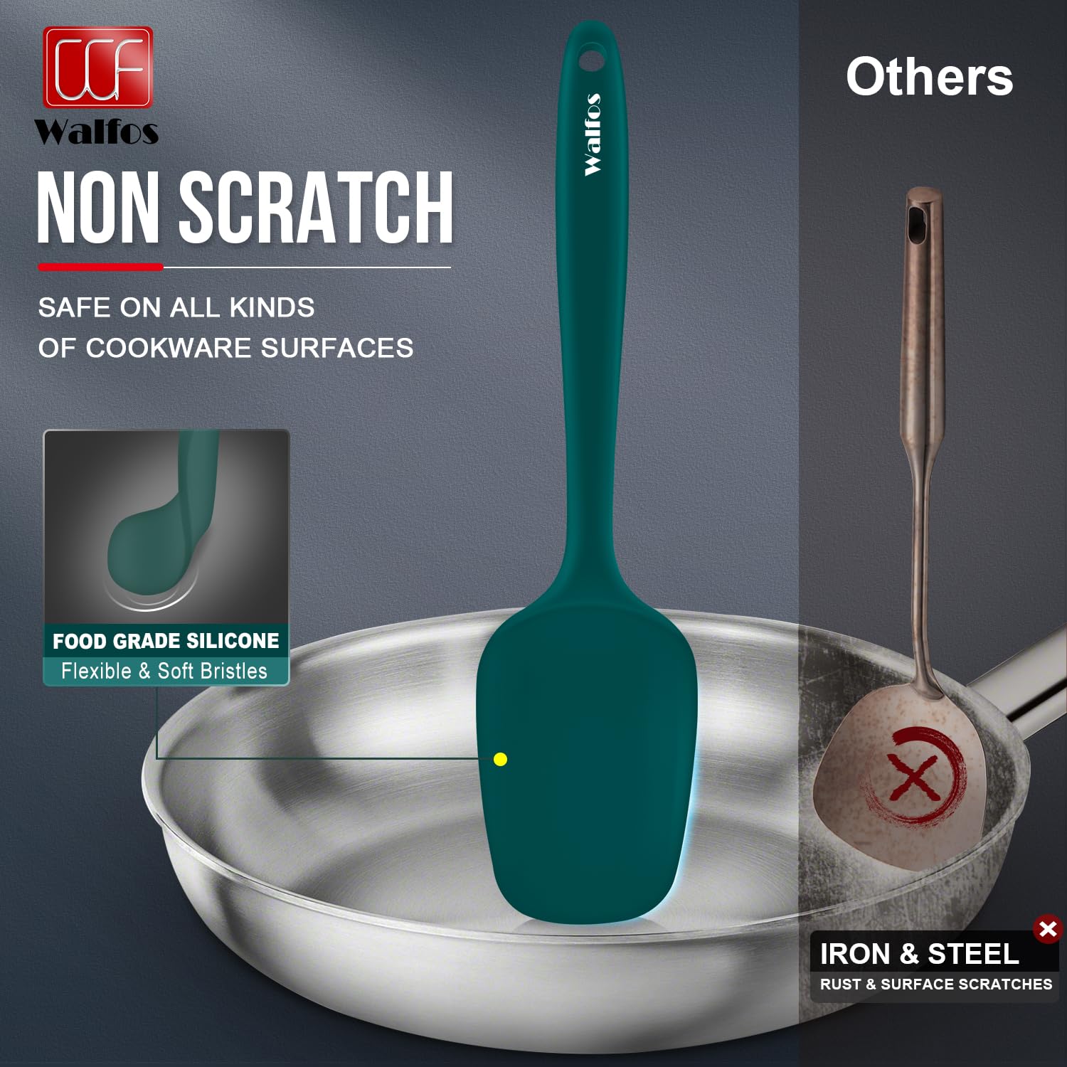 Walfos dark green spatulas provide stylish, versatile tools for cooking and baking.