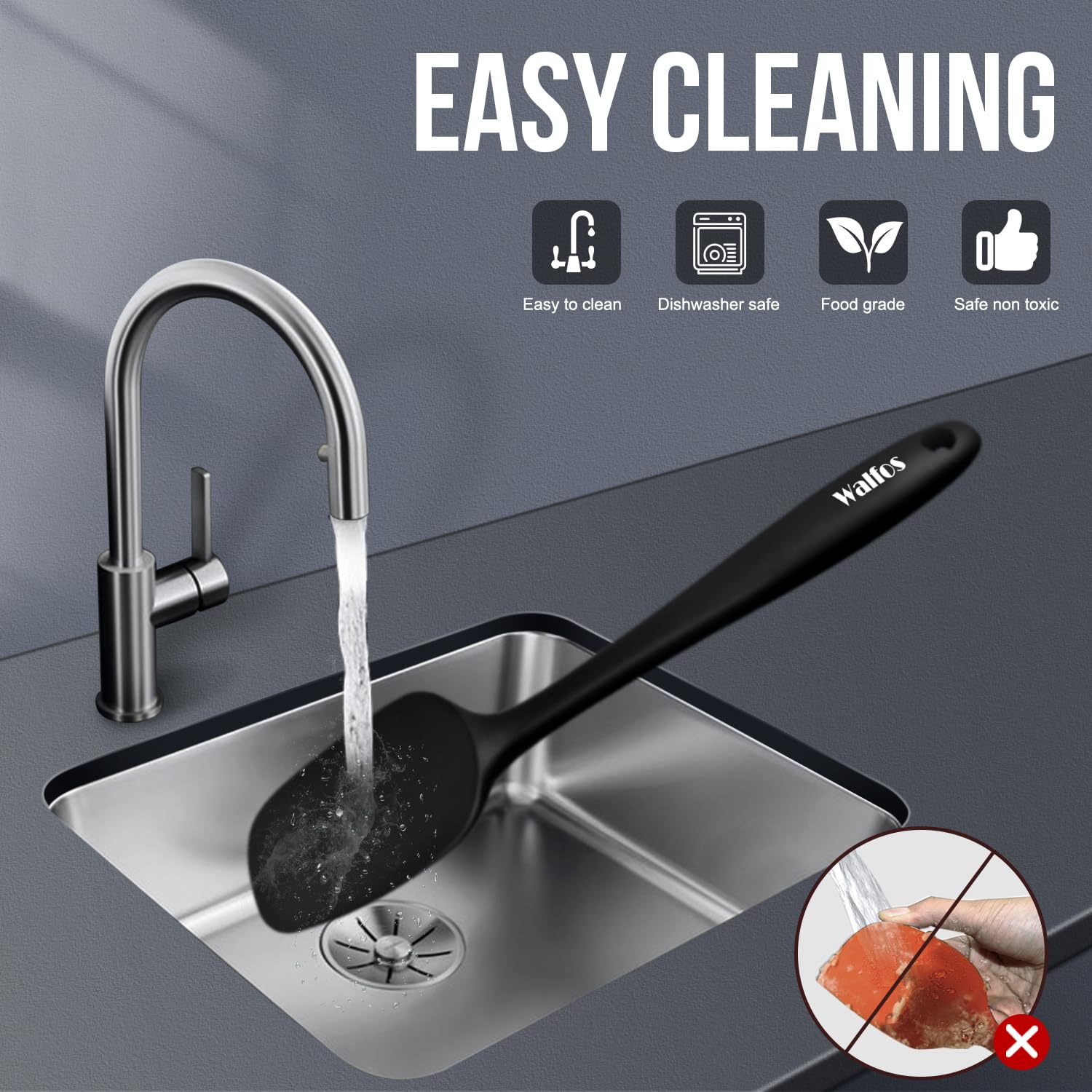 Walfos dishwasher-safe spatulas simplify post-cooking cleanup.