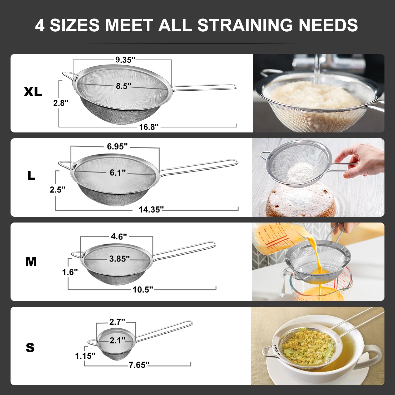 Walfos 6.95-inch strainer with sturdy long handle for safe draining.