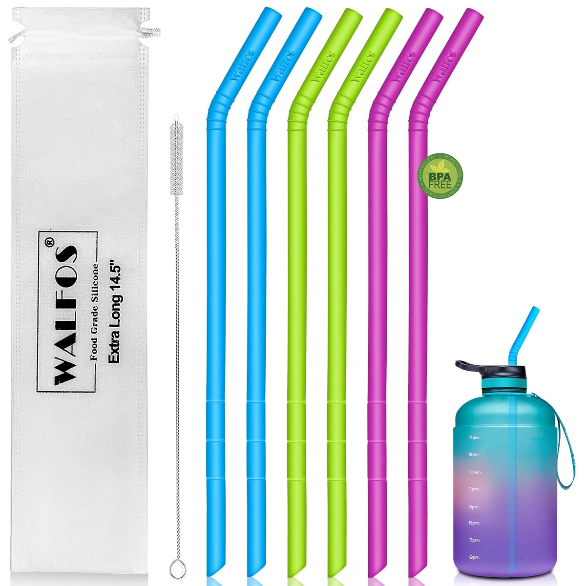 WALFOS extra-long straw with cleaning brush for easy large-bottle sipping