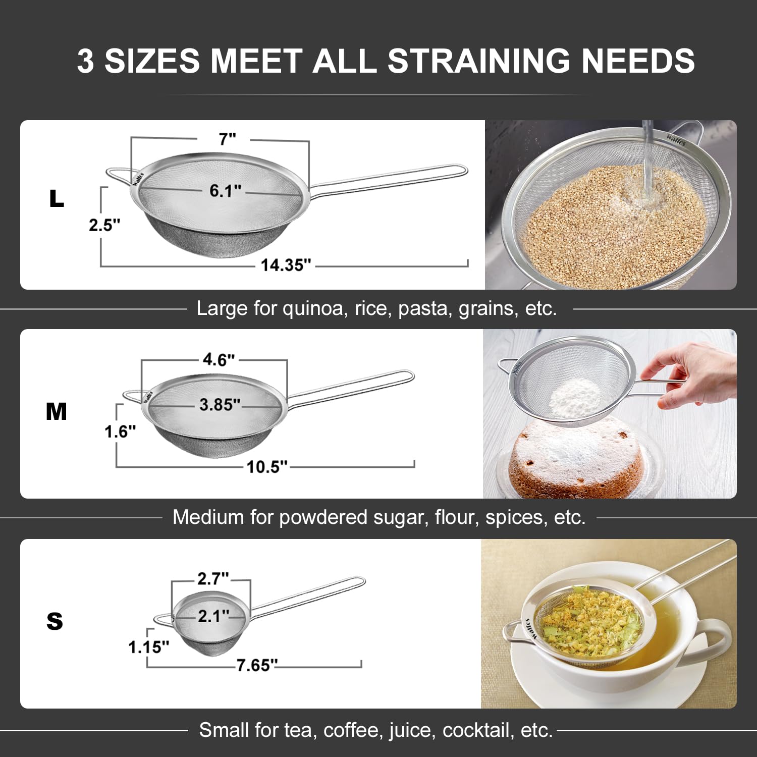 Walfos 4.6 inch strainer for rinsing quinoa and berries efficiently