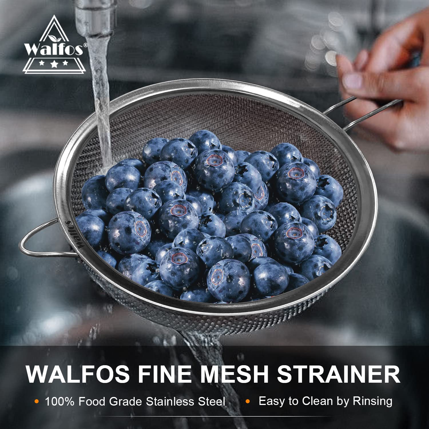 Walfos strainer with hanging ear for easy storage after use