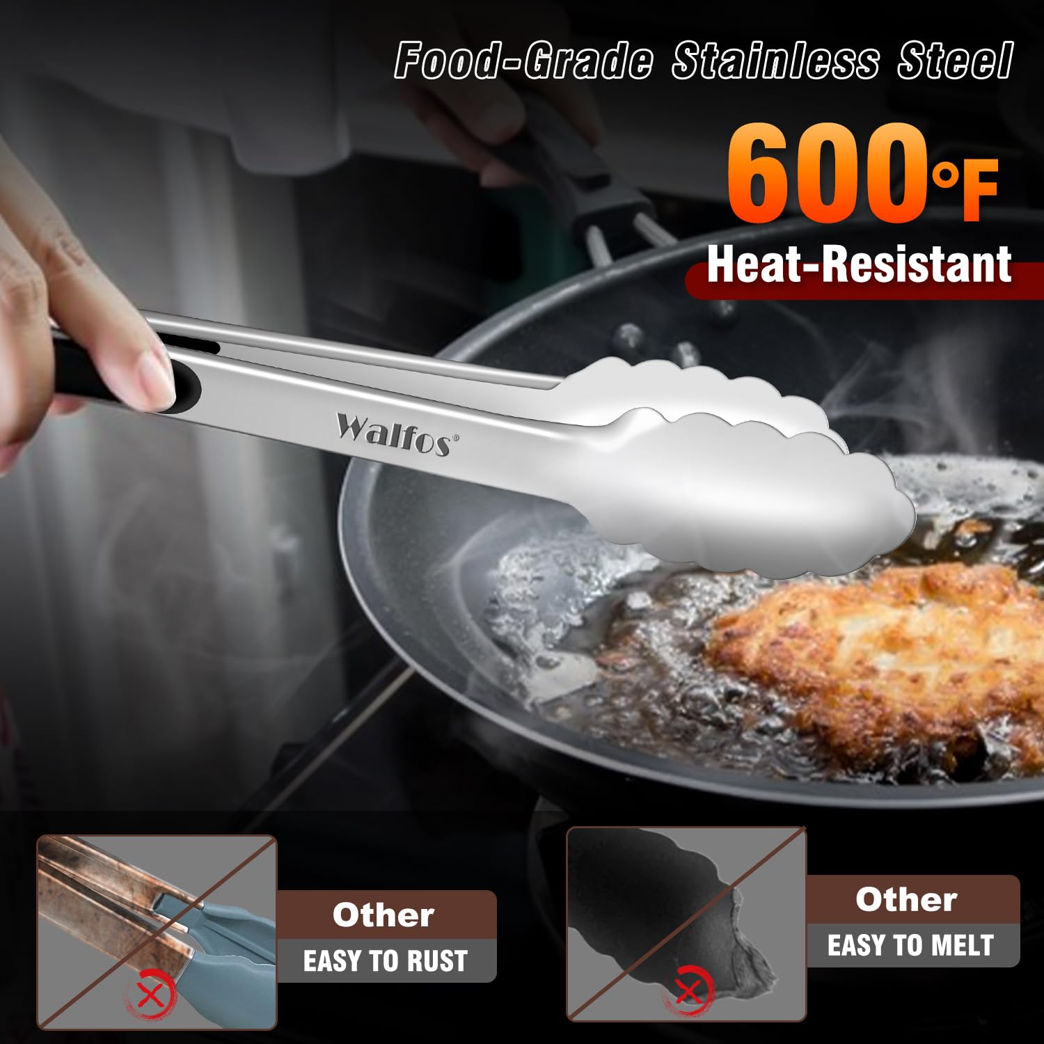 Walfos 12-inch tongs provide extended reach for grilling