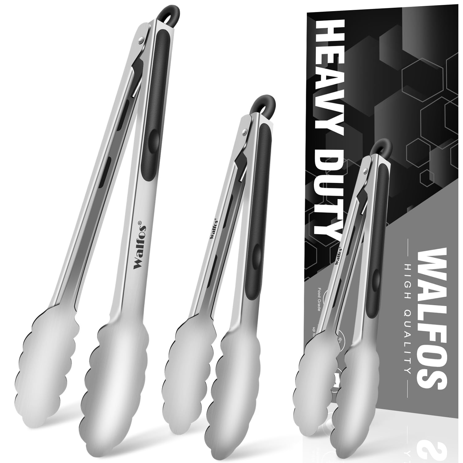 Walfos 7-inch kitchen tongs with non-slip grip for precise flipping