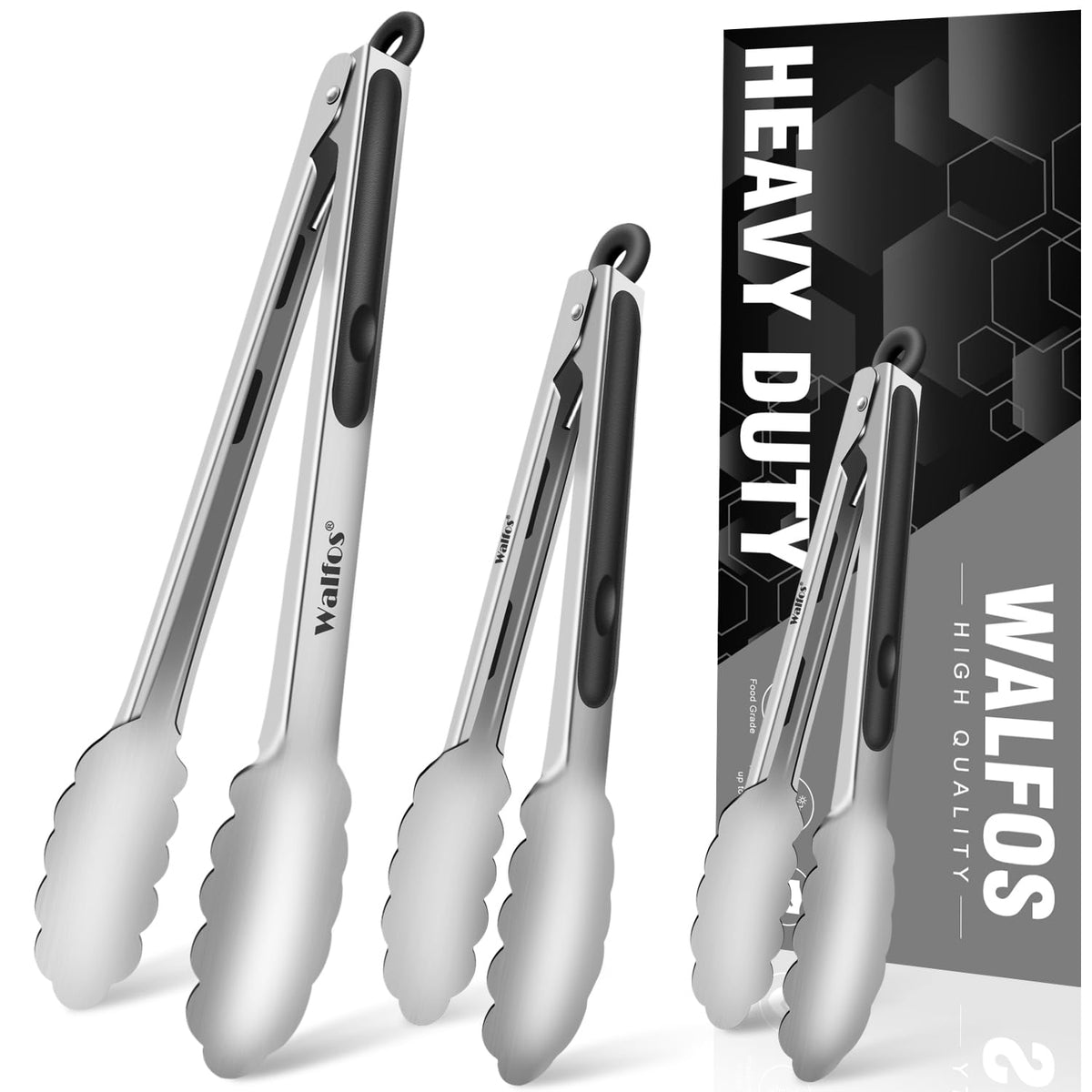 Walfos 7-inch kitchen tongs with non-slip grip for precise flipping
